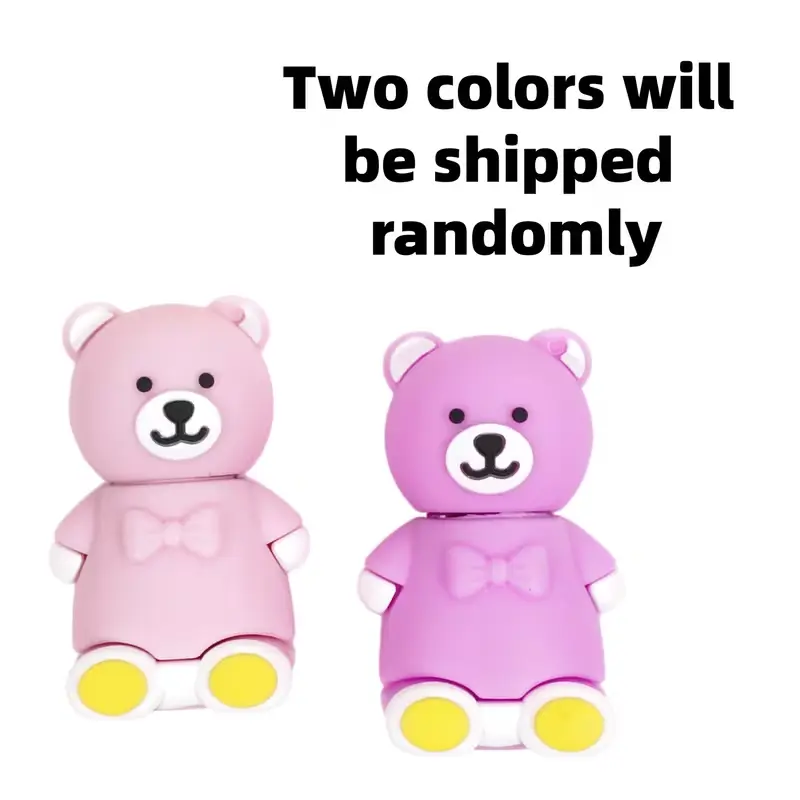 Two cute bear-shaped lipsticks in pink and purple colors.