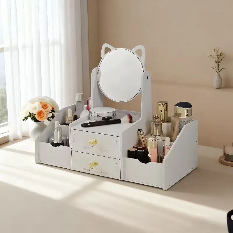 Aesthetic white cat-head makeup organizer with drawers on a vanity desk.