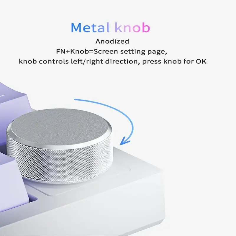 Close-up of an anodized metal rotary knob on a white mechanical keyboard frame.