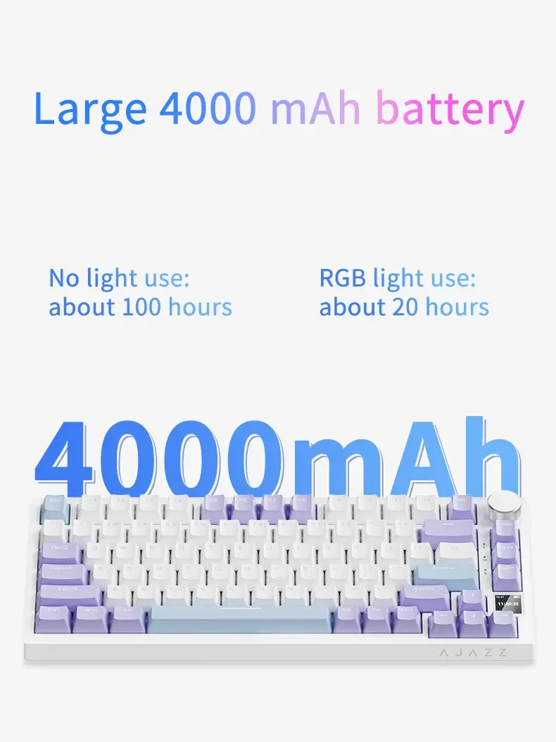 Diagram showing 4000mAh battery life for Ajazz AK820 Pro with and without RGB.
