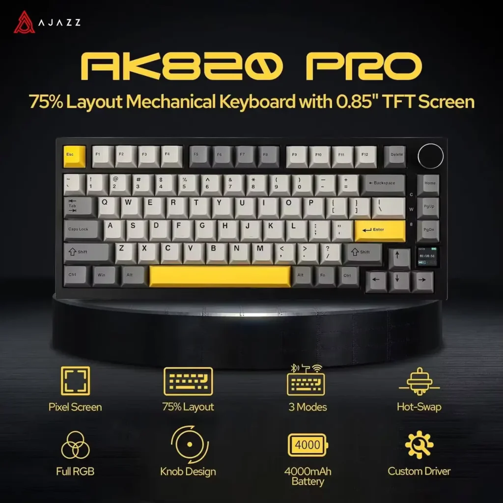 Ajazz AK820 Pro 75 percent mechanical keyboard with TFT screen and key features list.