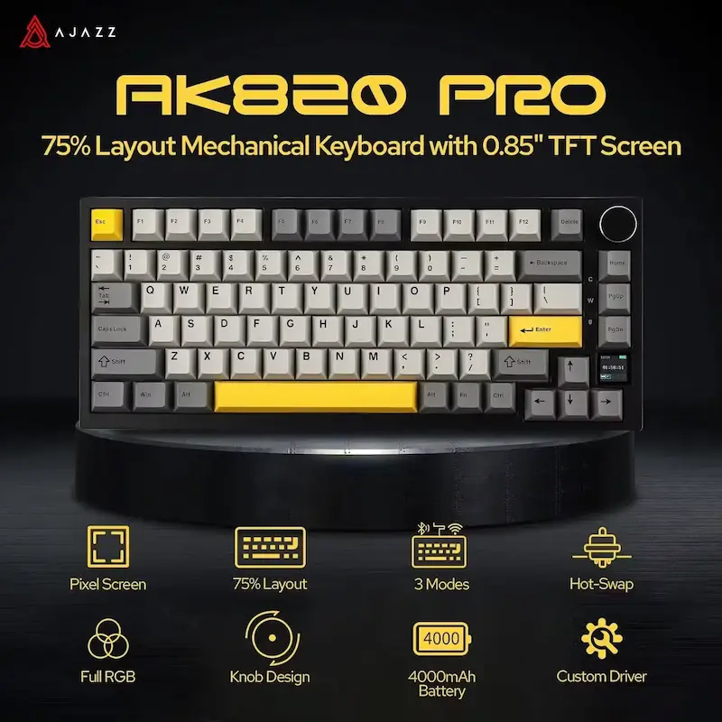 AJAZZ AK820 Pro Review highlighting the 75 percent layout mechanical keyboard with its 0.85 inch TFT screen.