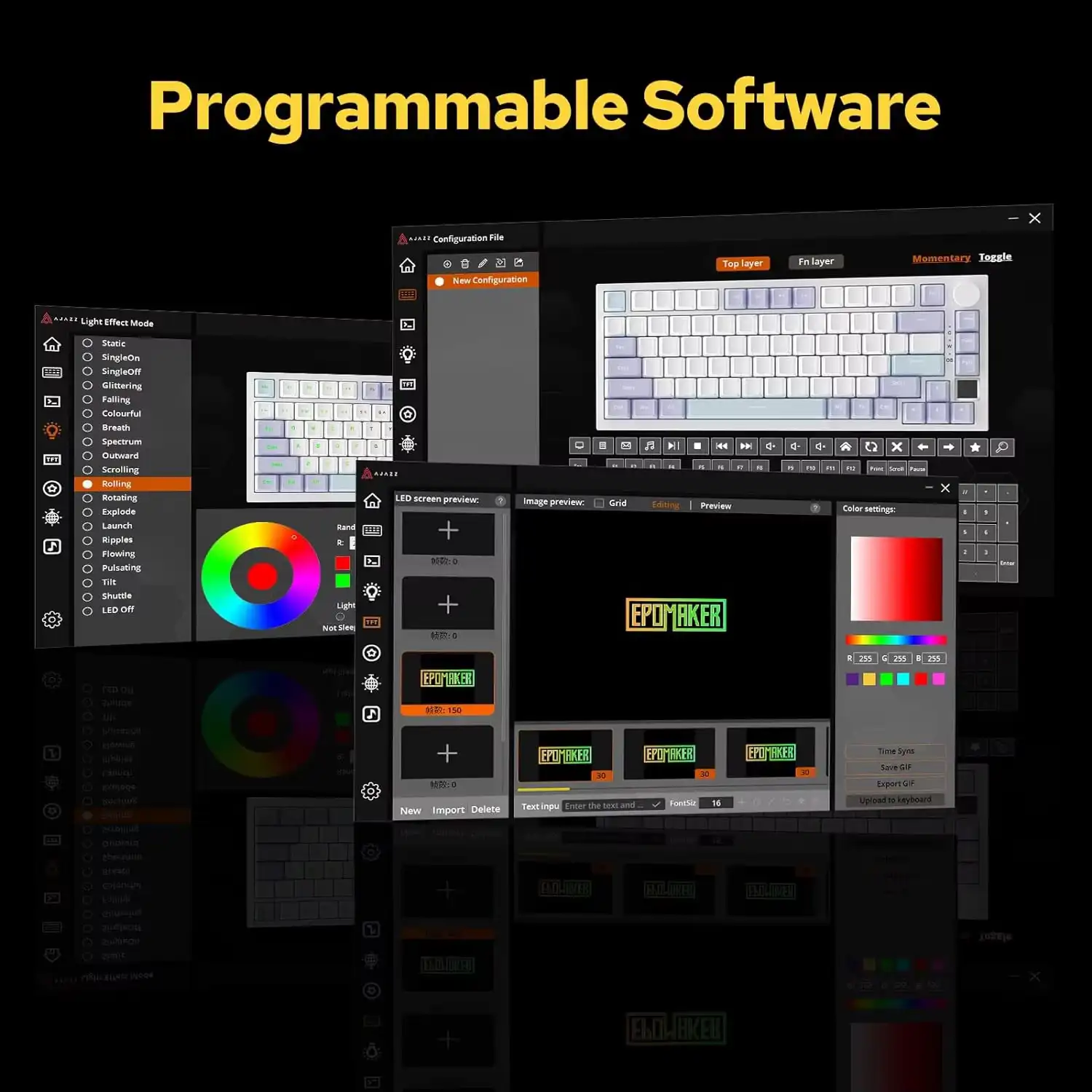 Screenshot of the Ajazz AK820 Pro driver software for RGB and screen customization.