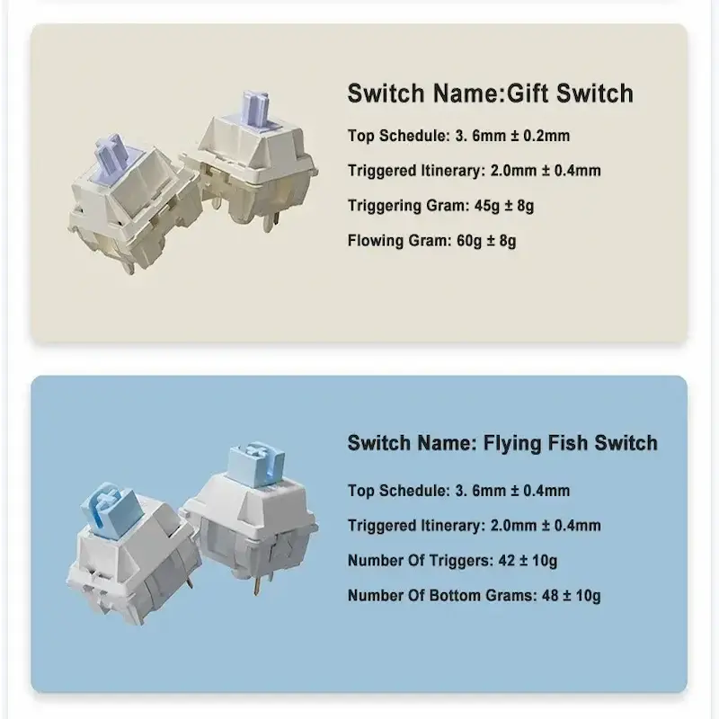 Technical specifications for the Gift Switch and Flying Fish Switch showing travel distance and operating force.