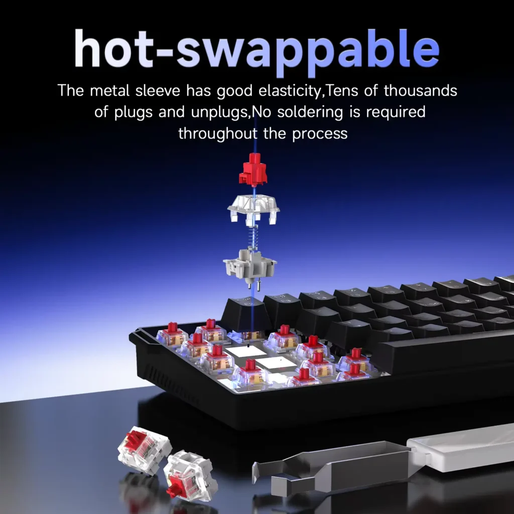 3D diagram showing the removal of a red mechanical switch from the AJAZZ NK61 keyboard frame.