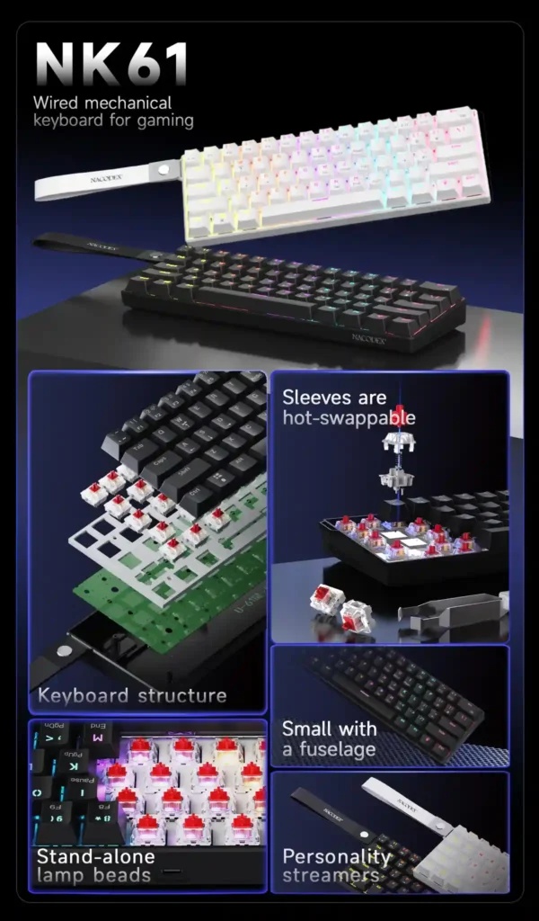 Exploded view of the keyboard structure showing PCB, plate, and internal components.