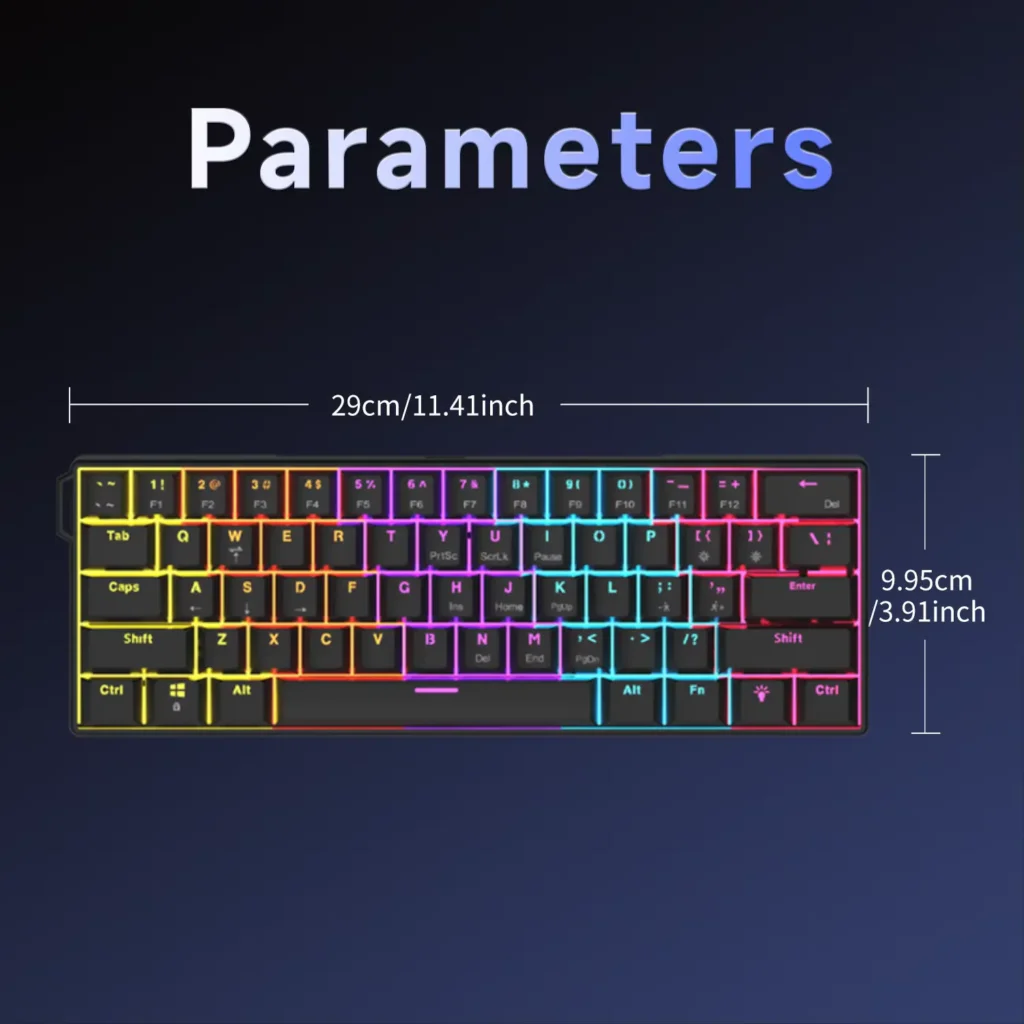 Top-down view showing dimensions of AJAZZ NK61 keyboard: 29cm width and 9.95cm height.