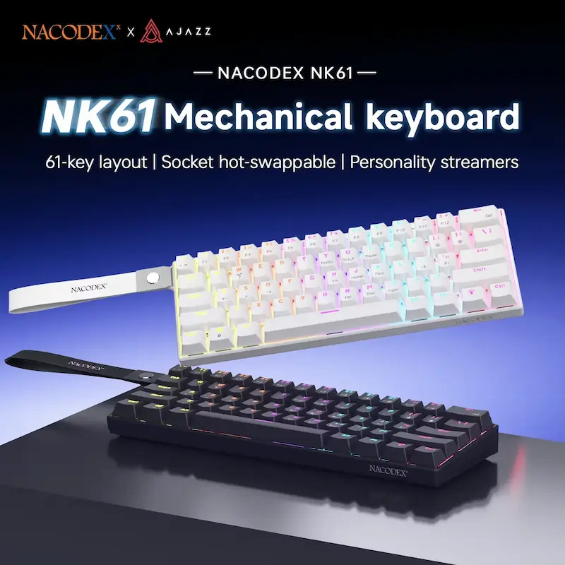 A comprehensive AJAZZ NK61 Review 2026 showcasing both the black and white 60% mechanical keyboard models with personality wrist streamers.