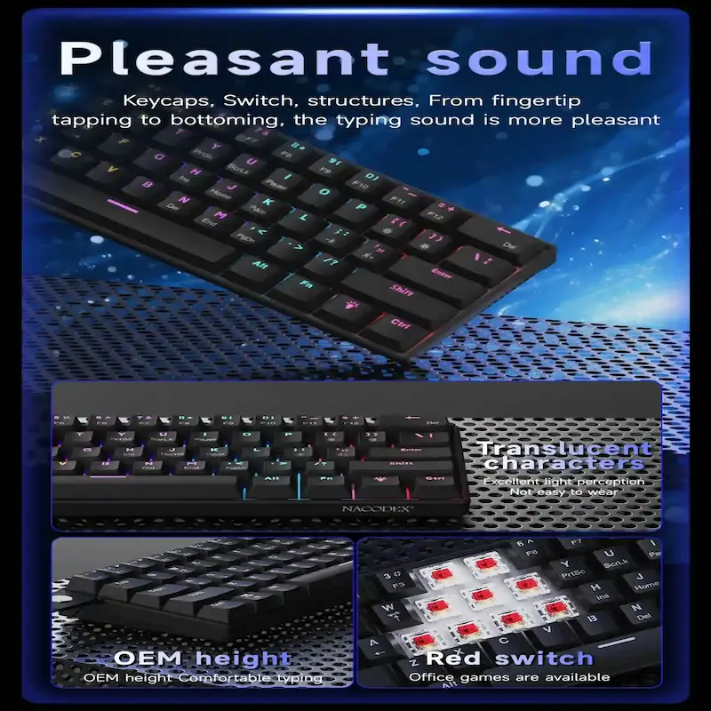 A compilation of features analyzed in this AJAZZ NK61 Review 2026, showcasing the OEM height keycaps and translucent characters.