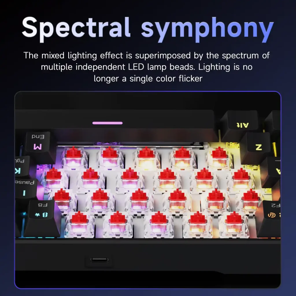 Close-up of AJAZZ NK61 red switches glowing with multi-color RGB LED lamp beads.