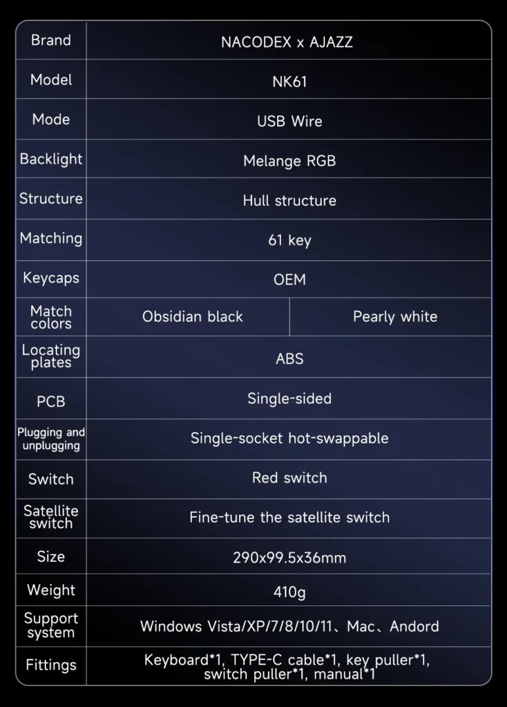 Comprehensive technical specification table for the AJAZZ NK61 keyboard.