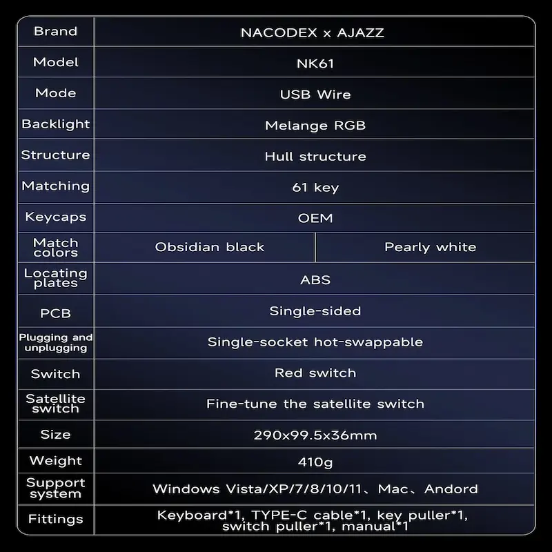 Detailed hardware specifications sheet for the final verdict of the AJAZZ NK61 Review 2026.