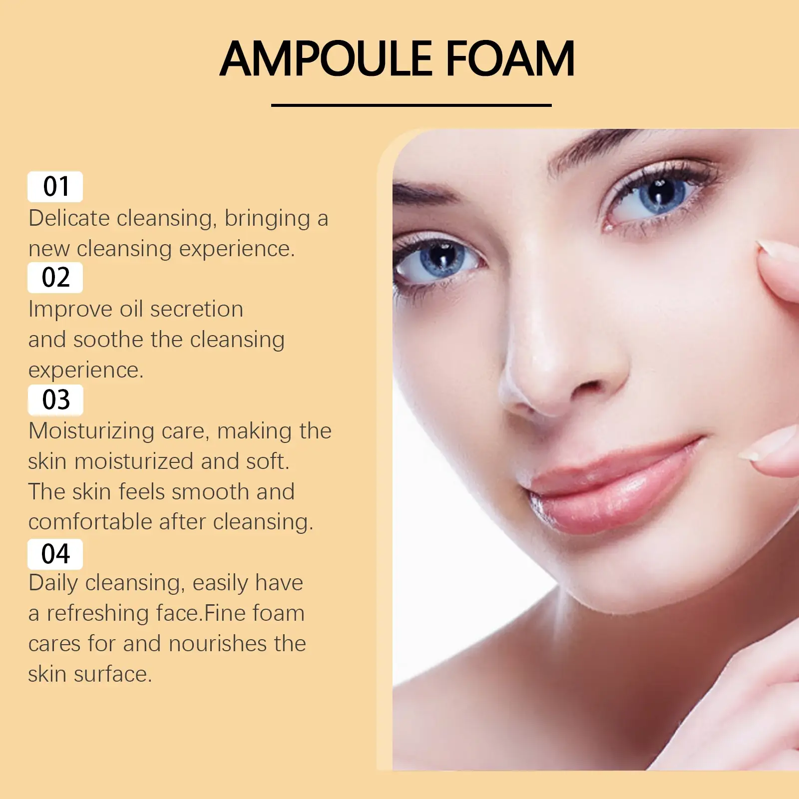 List of benefits for Ampoule Foam including oil control, moisturizing care, and refreshing texture.