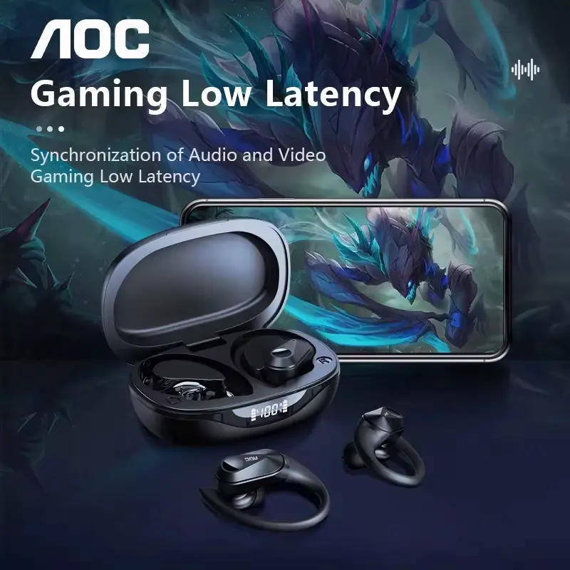Wireless gaming earbuds placed in front of a mobile phone displaying an action video game.