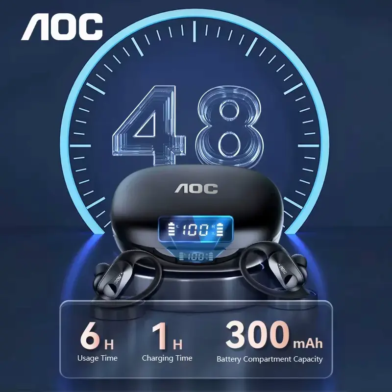 A detailed AOC Sports Headset Review highlighting the 48 hours total battery life with a 300mAh capacity case.