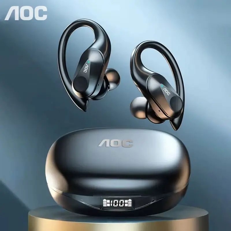 An insightful AOC Sports Headset Review showcasing the wireless bluetooth earphones and its smart LED battery display charging case.