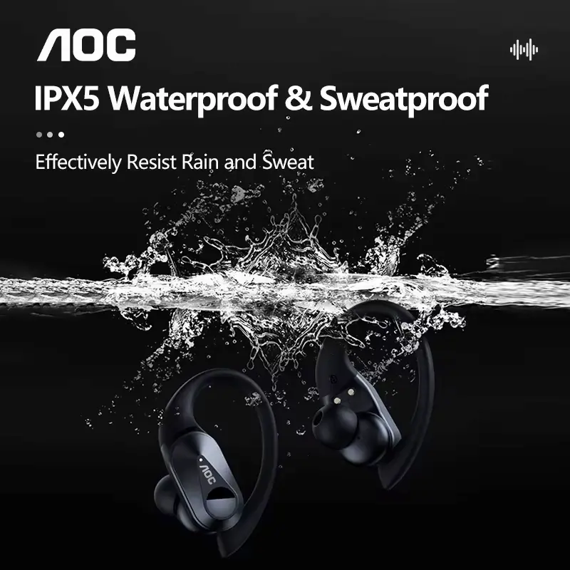 Black Bluetooth earphones splashing into clear water to demonstrate IPX5 waterproof durability.