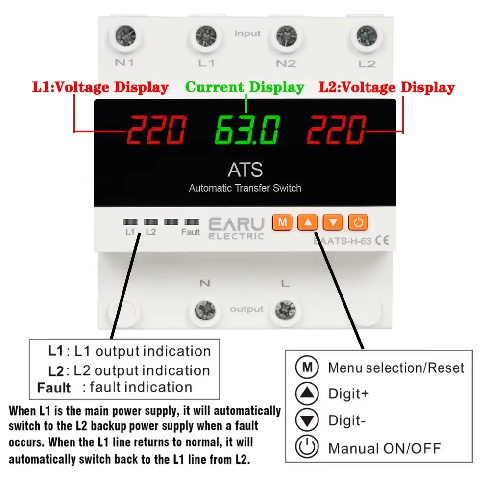 EARU ATS LED Display showing Voltage Current and Button Control Functions