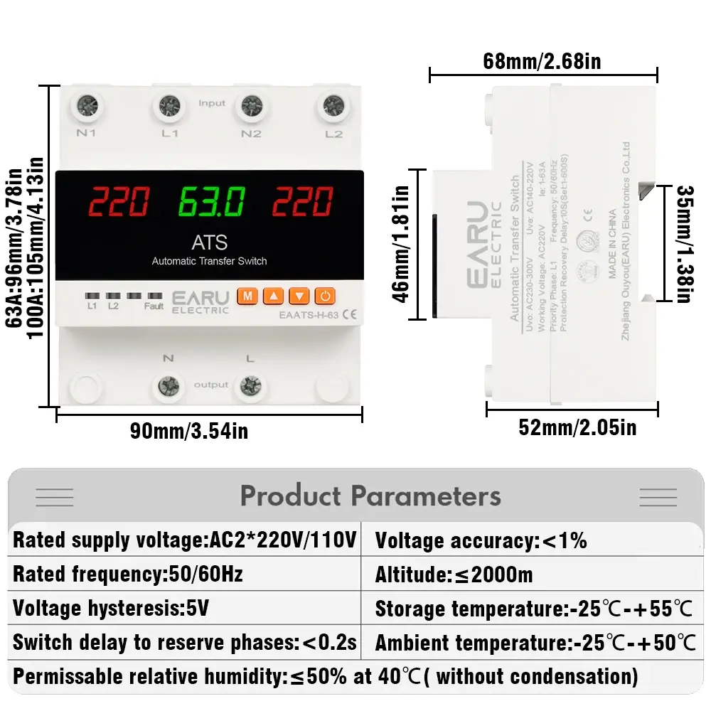 EARU ATS Product Dimensions 90mm x 105mm and Technical Specifications Table