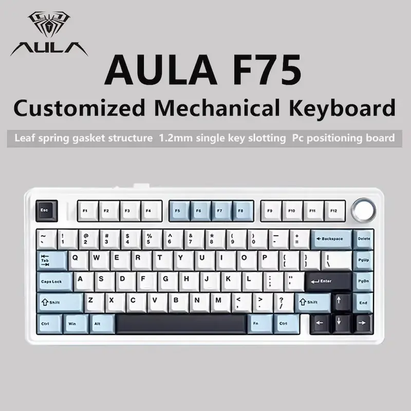 Top-down product showcase view of the customized AULA F75 Mechanical Keyboard in its light blue colorway.