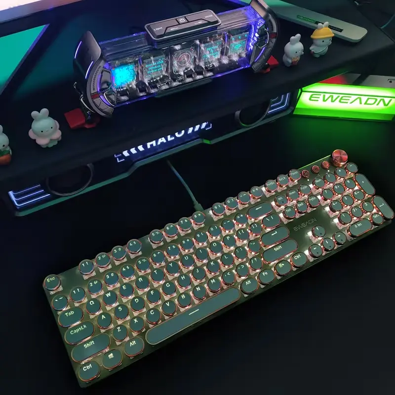 EWEADN keyboard with white LED backlight in a dark gaming room setup.