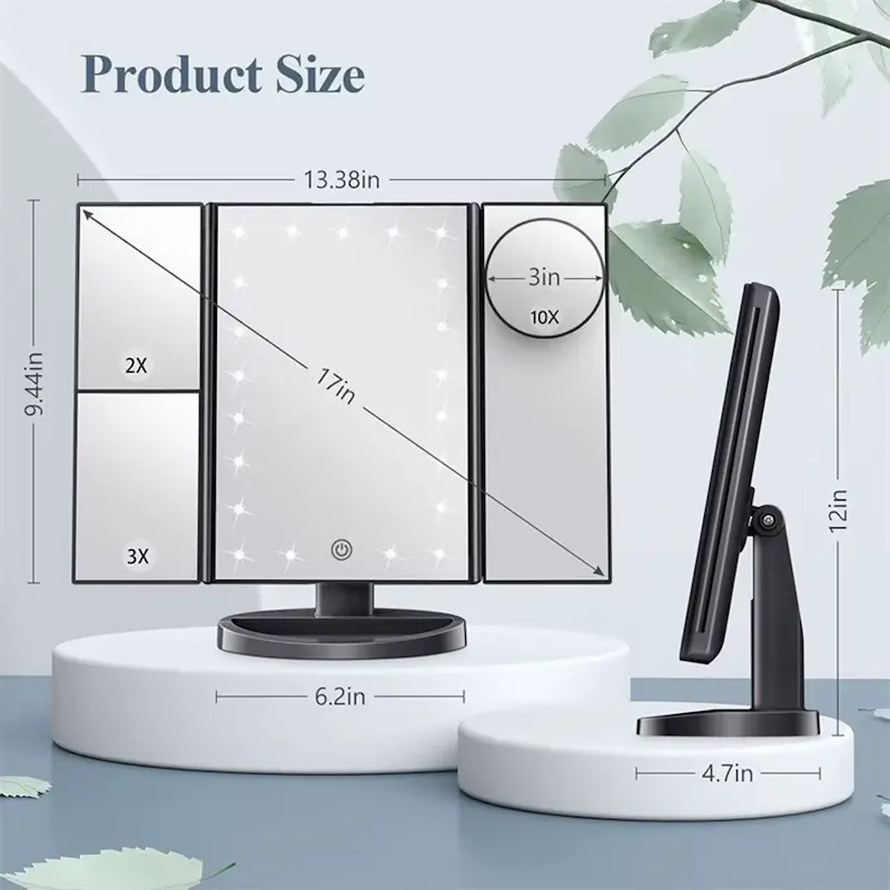 Product dimensions diagram of the LED folding makeup mirror showing the exact height and width measurements.