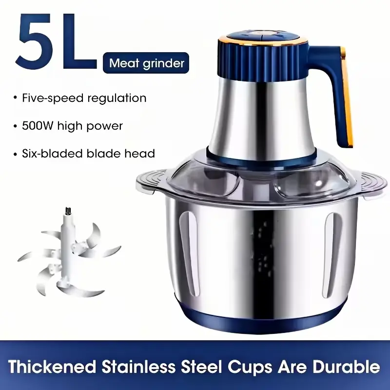 Infographic showing 5-speed regulation, 500W motor, and six-bladed head of the stainless steel grinder.