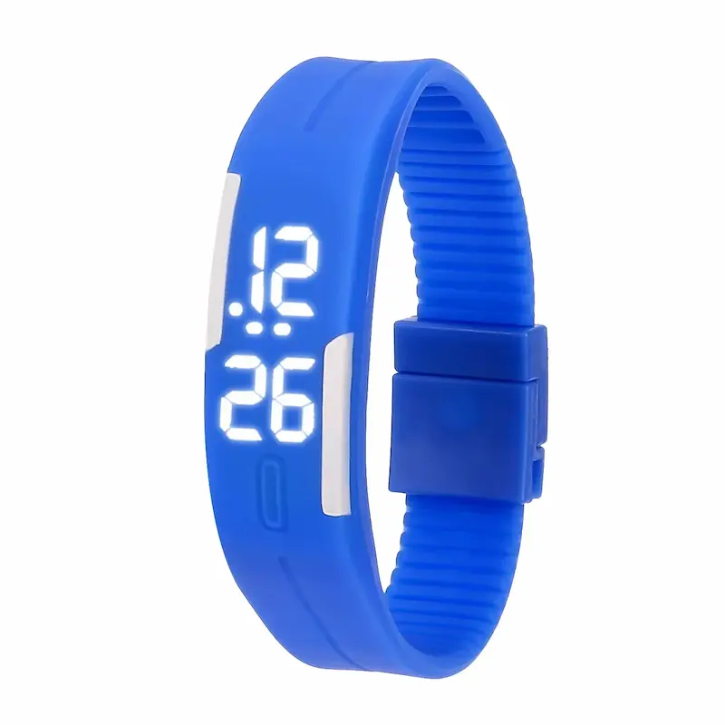 Royal blue kids digital sport watch with a glowing white LED display panel.