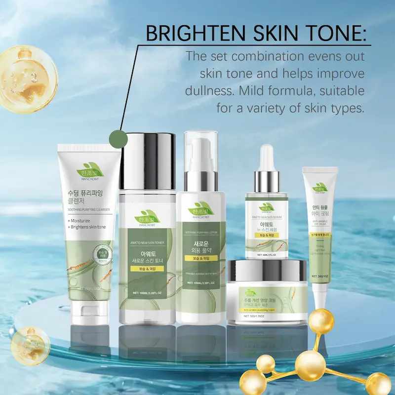 Hanchobit skincare set against a blue water background highlighting its skin brightening effects.