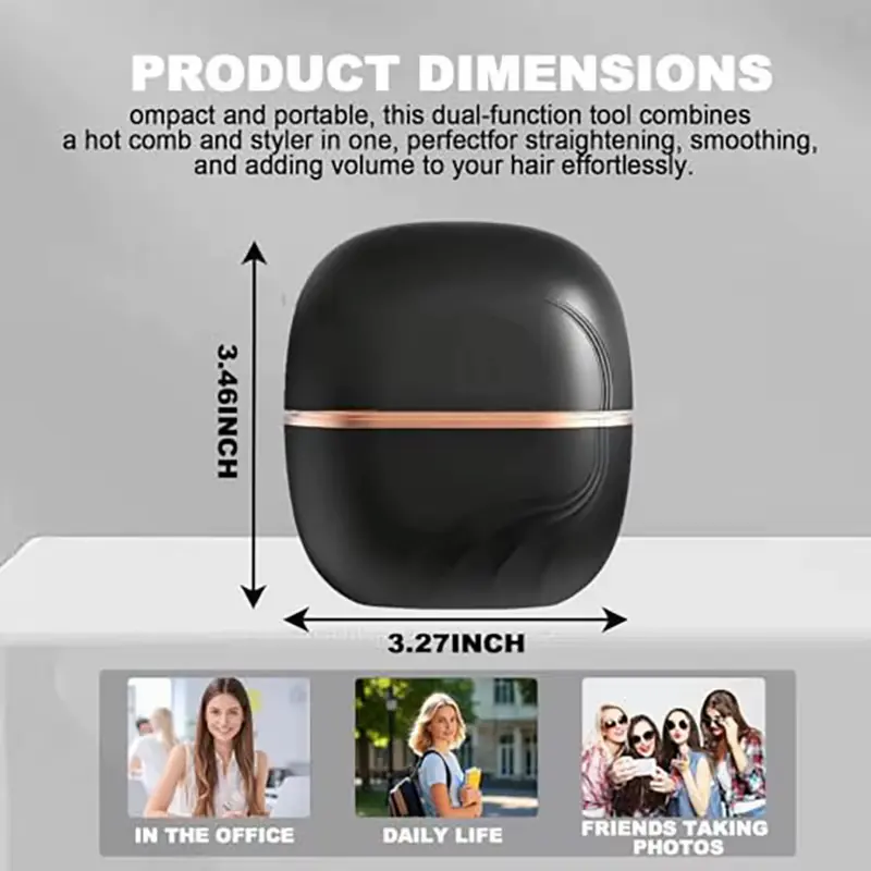 Compact dimensions of the portable dual-function hair styler tool measuring 3.46 inches by 3.27 inches.