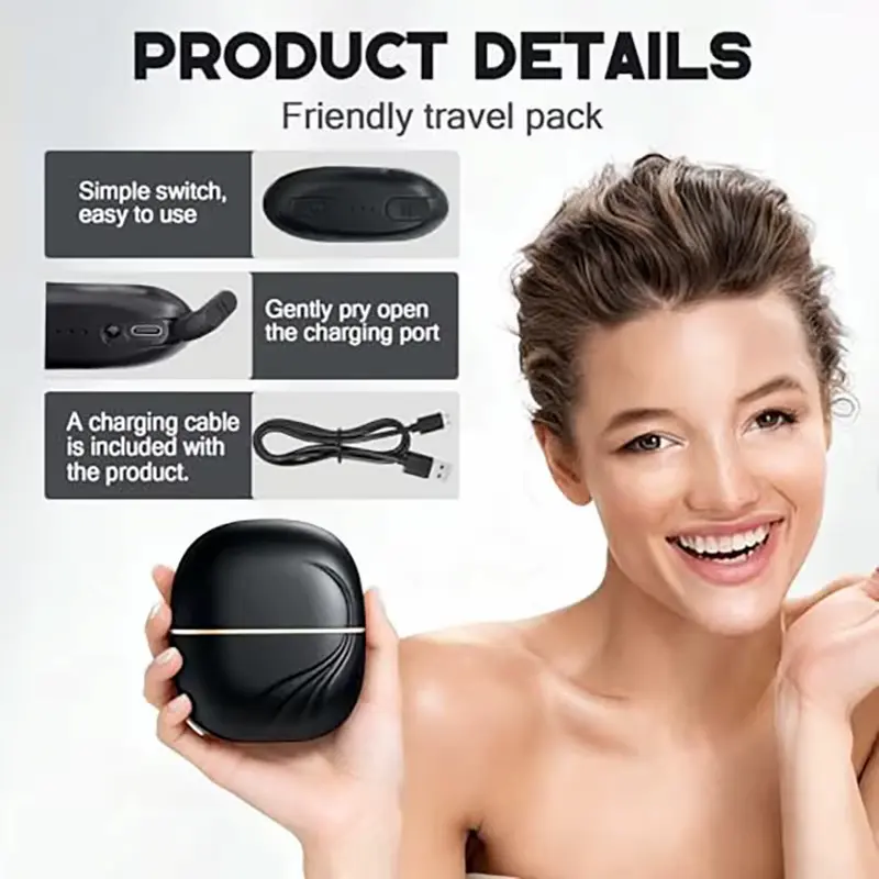 A friendly travel pack overview showing the simple switch interface and USB charging cable of the portable styler.