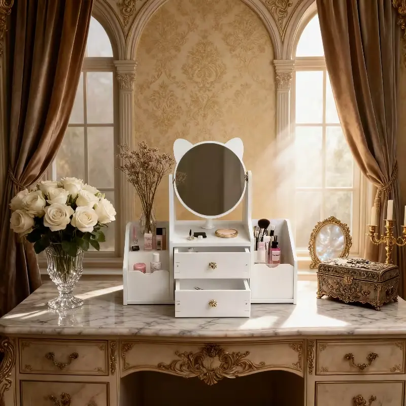 Large upgraded cat-head makeup station with gold accents on a luxury marble vanity.
