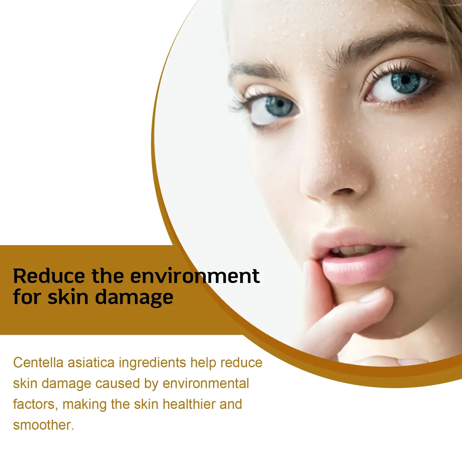 A model with hydrated skin explaining how Centella reduces damage from environmental factors.