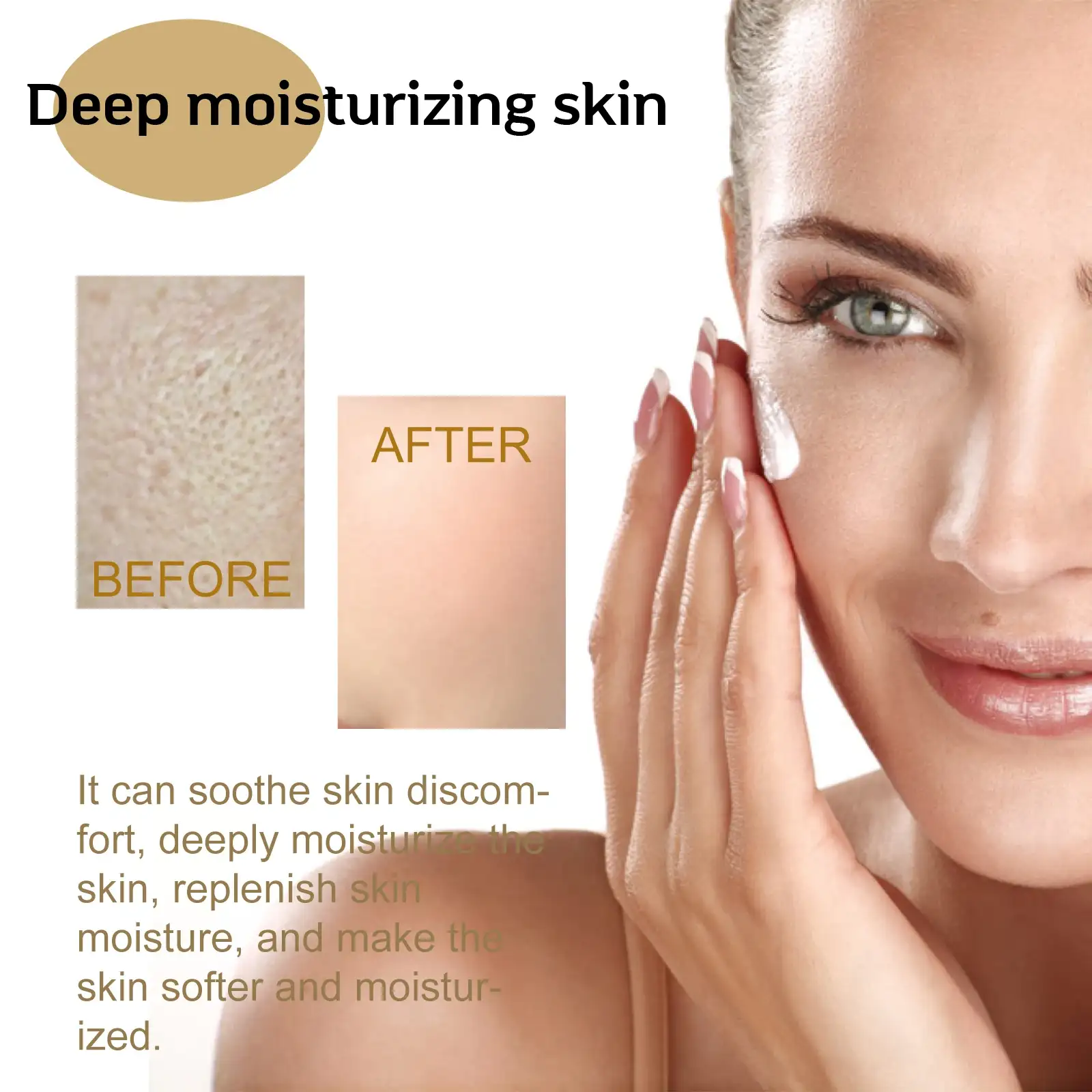 Close-up comparison of skin texture before and after using Centella moisturizing products.