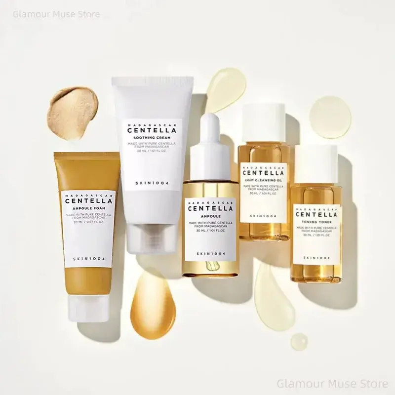 Close up of Madagascar Centella product bottles and cream textures