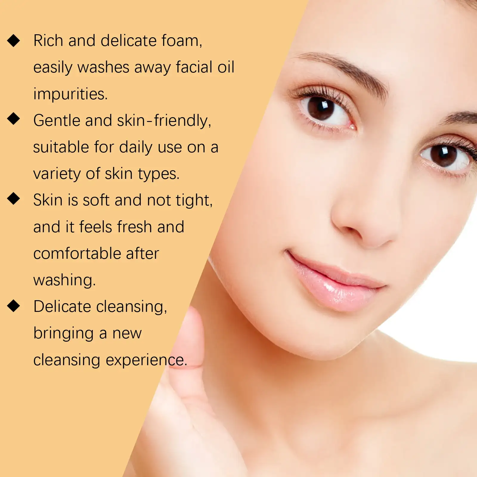 Close-up of a model's face with text describing the rich, delicate foam that washes away oil while keeping skin soft.