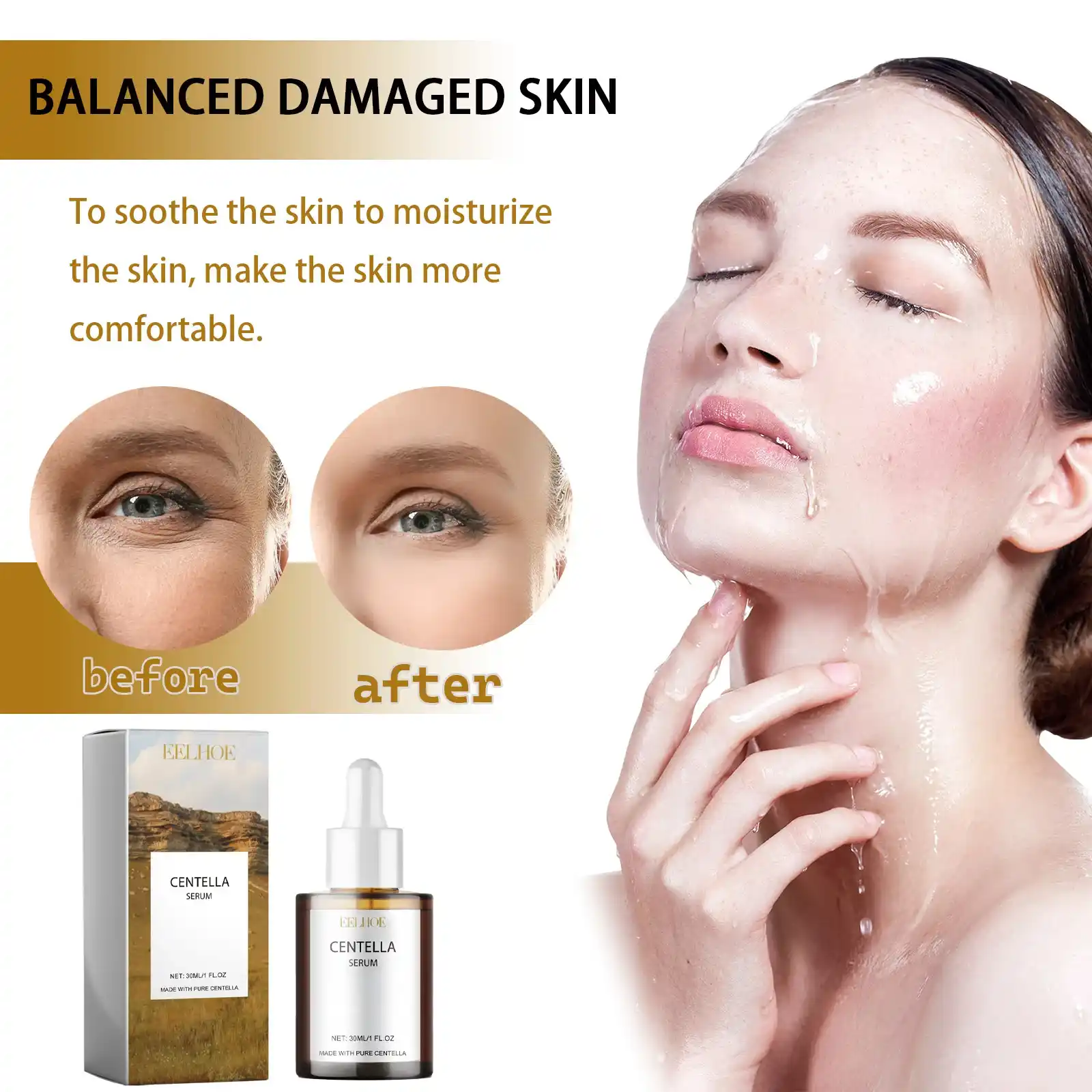 Visual representation of balanced damaged skin and wrinkle reduction after using Centella serum.