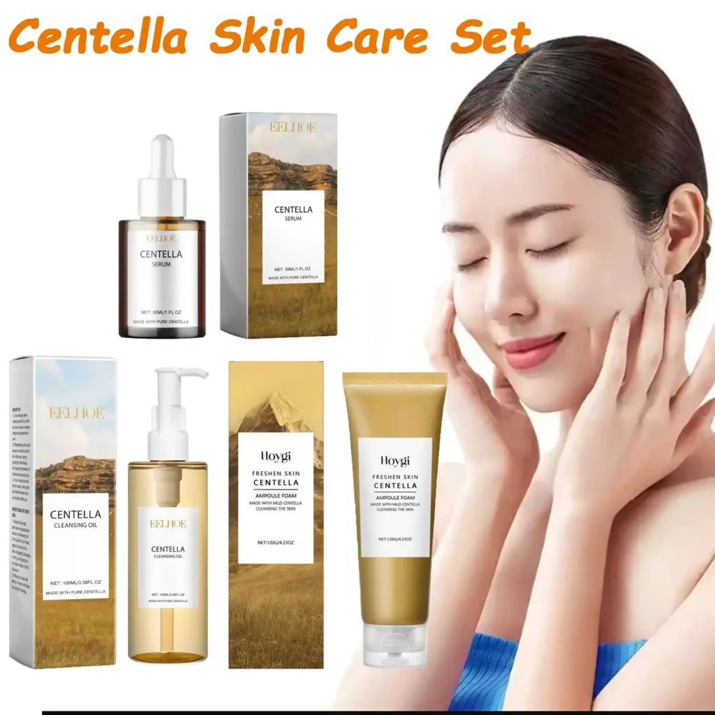 Complete Centella Skin Care set featuring Cleansing Oil, Ampoule Foam, and Serum with a model showing glowing skin.