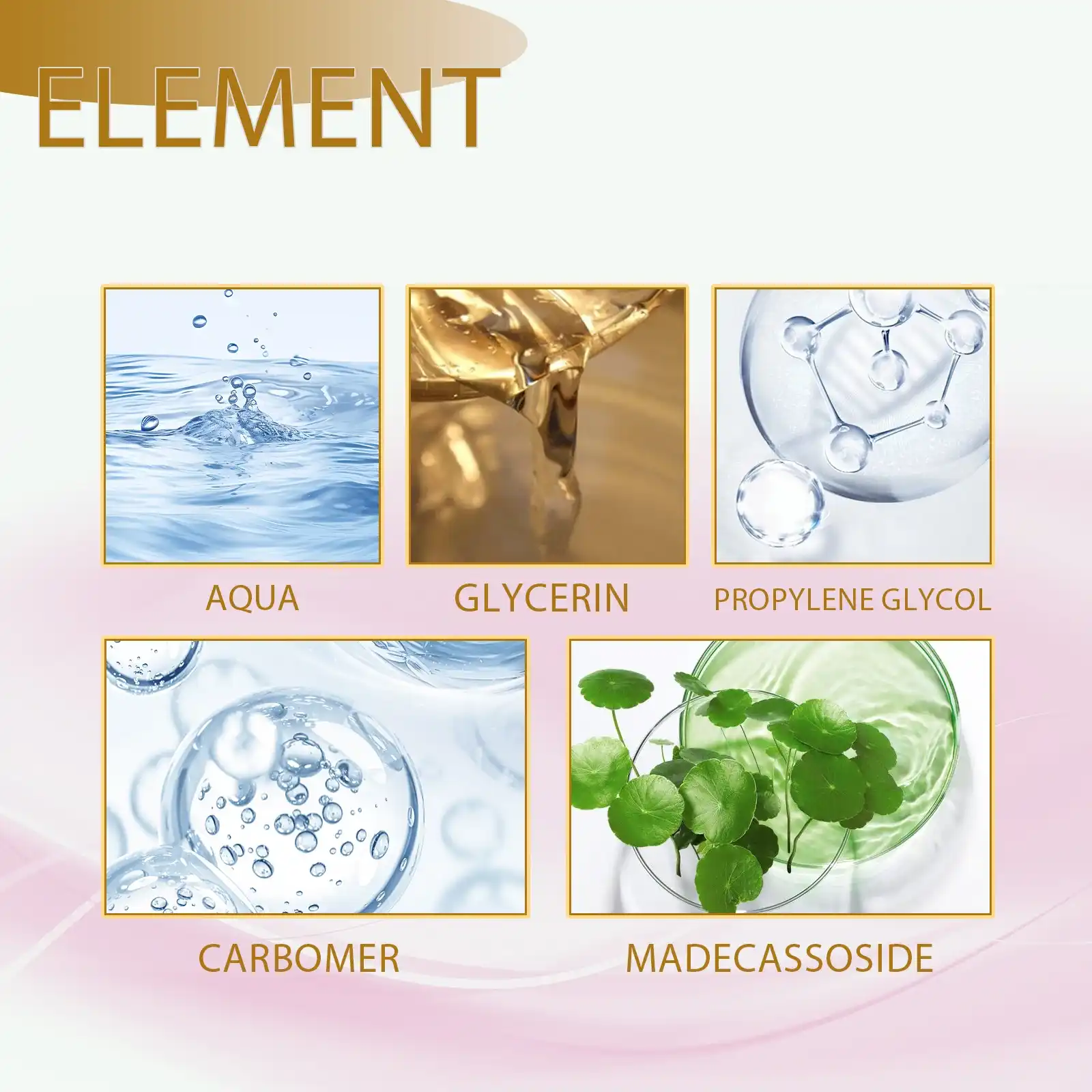 Infographic showing key ingredients: Aqua, Glycerin, Propylene Glycol, Carbomer, and Madecassoside.