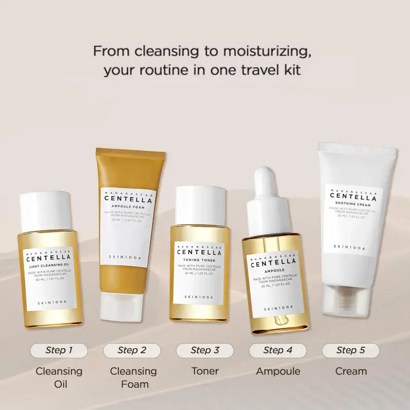 5-step skincare routine guide using Centella travel kit