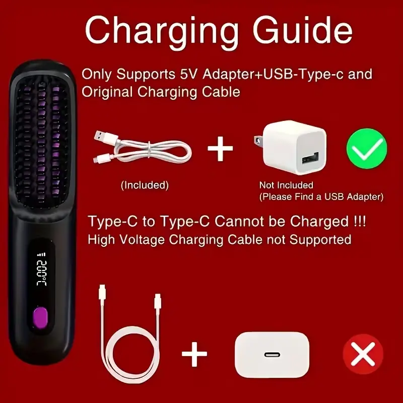 USB Type-C charging guide for portable hair straightener brush.