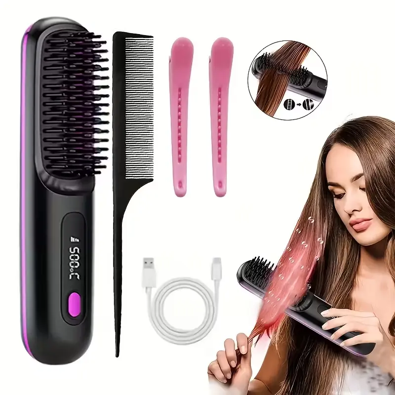 Full set including wireless straightener brush, comb, hair clips, and USB cable.