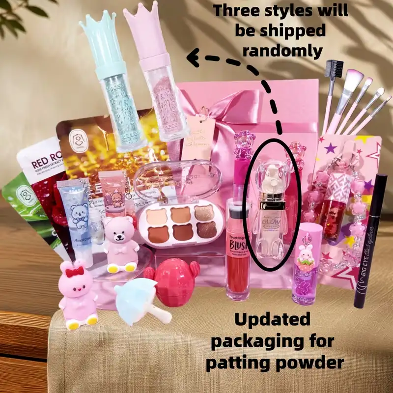 Detailed view of the 22-piece pink gift box makeup components including lip gloss and brushes.