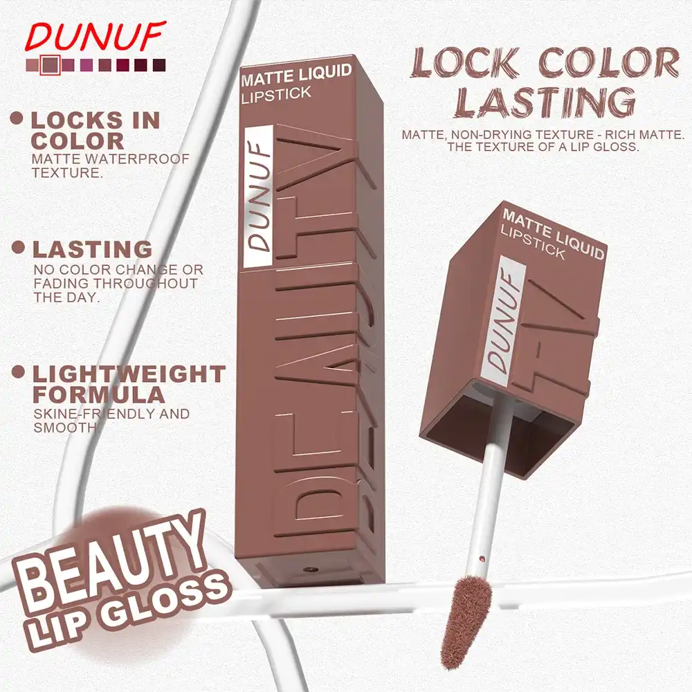 DUNUF matte liquid lipstick in a light brown shade with text highlighting locks in color, lasting, and lightweight formula.