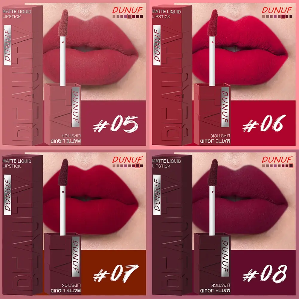 A grid of four DUNUF matte liquid lipstick shades numbered 05, 06, 07, and 08 with corresponding lip swatches and applicators.