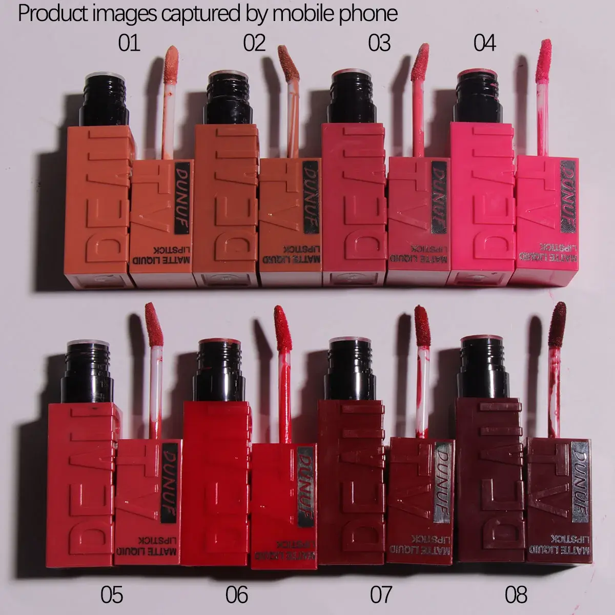 A collection of 8 different shades of DUNUF matte liquid lipsticks labeled from 01 to 08.