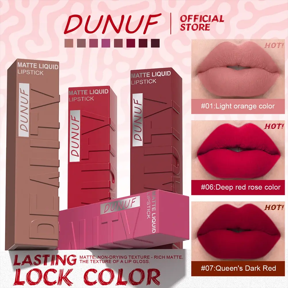 Highlight of DUNUF light orange, deep red rose, and Queen's dark red lipstick shades.