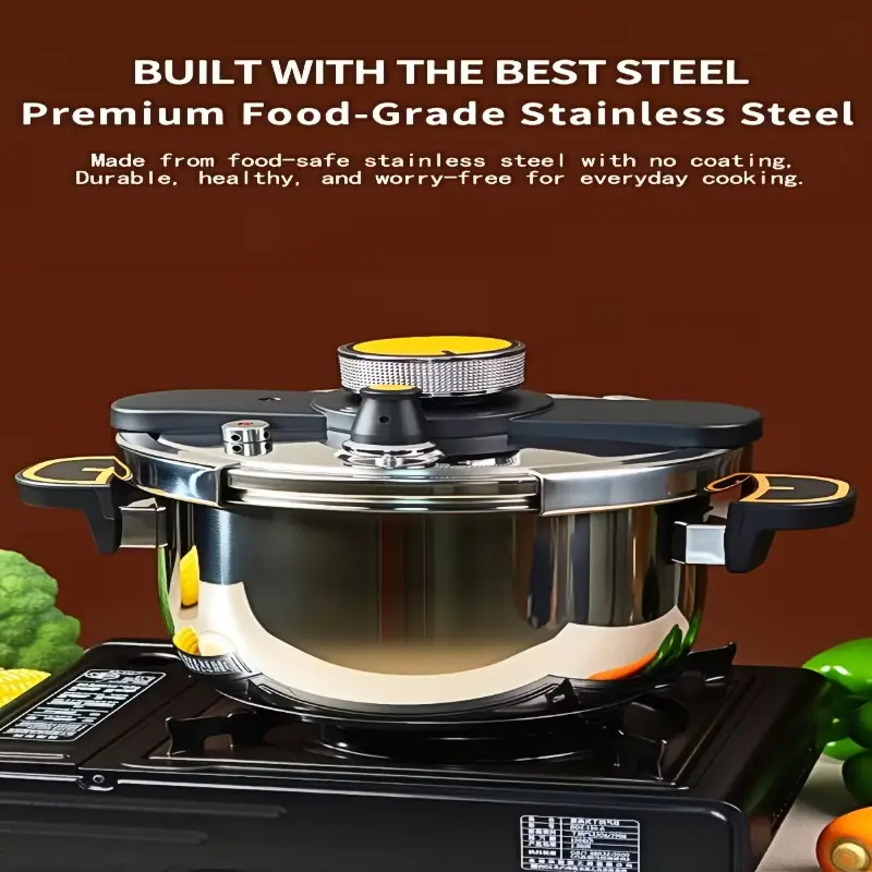 Close-up of a high-quality stainless steel pressure cooker highlighting its shiny finish.