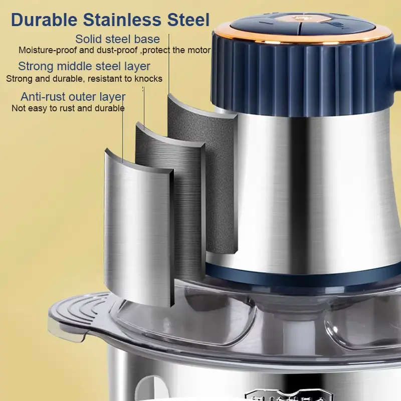 A heavy duty Electric Meat Grinder 5L showing its anti-rust outer layer and solid steel base.