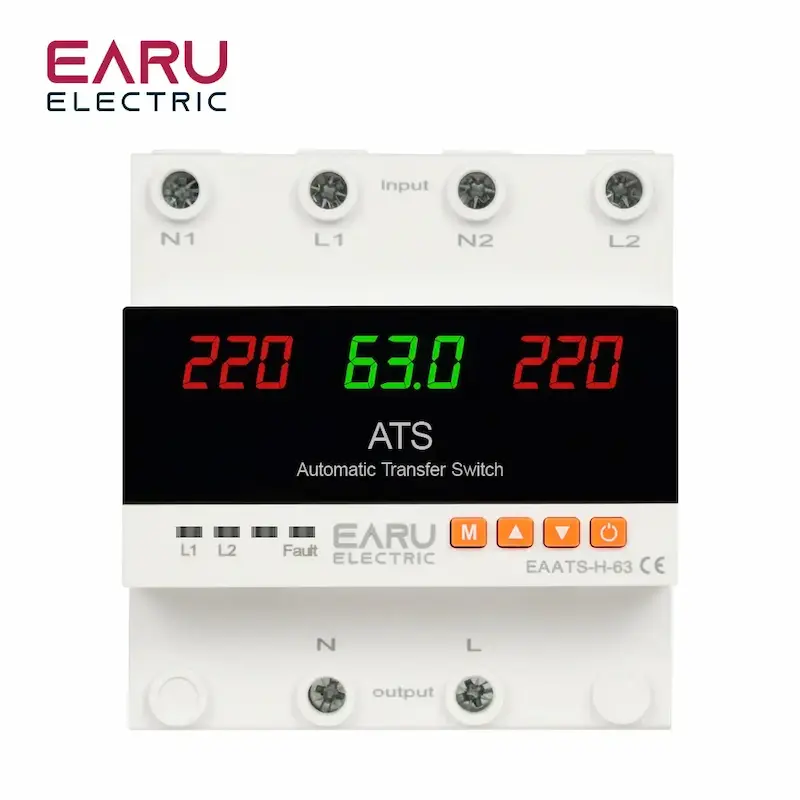 Front view profile of the EARU Automatic Transfer Switch highlighting the 63A to 100A over and under voltage value adjustment markers.